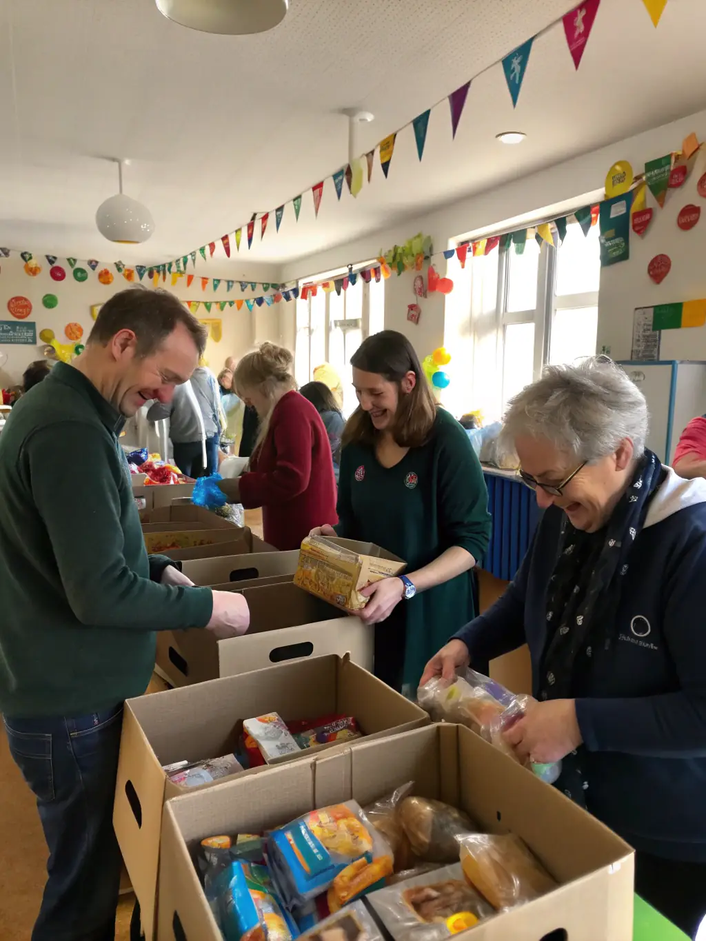 A photograph of volunteers sorting and packing food donations at the SOFCO food bank, showcasing community support and the variety of available food items.