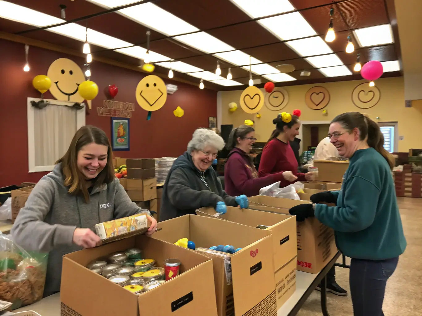 A photograph depicting volunteers sorting and packing food items at the SOFCO Food Bank, showcasing the community's effort to combat hunger.