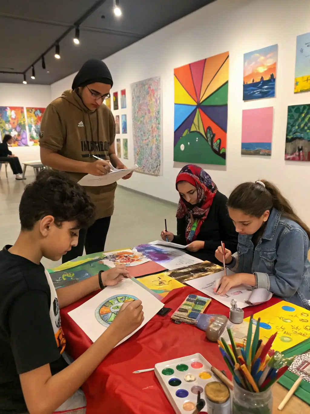 A group of young people participating in a SOFCO youth program, engaged in a creative activity with smiles and enthusiasm, highlighting the positive impact of the program.